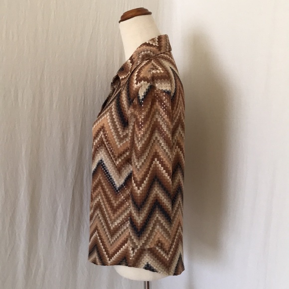 XOXOXO womens L / 12 half sleeve tan brown black button up shirt retro 70s - Picture 4 of 15